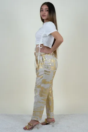 Gold and Beige Linen Jogger Pants