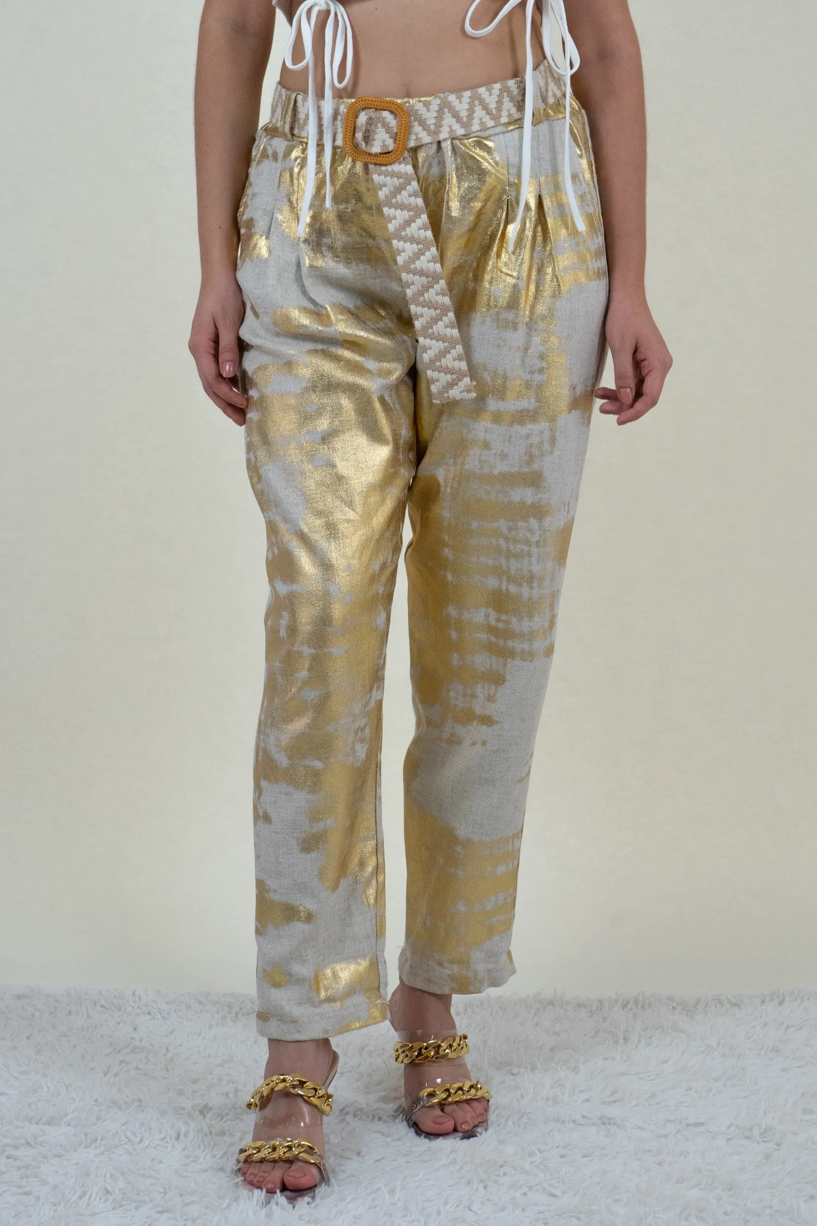 Gold and Beige Linen Jogger Pants
