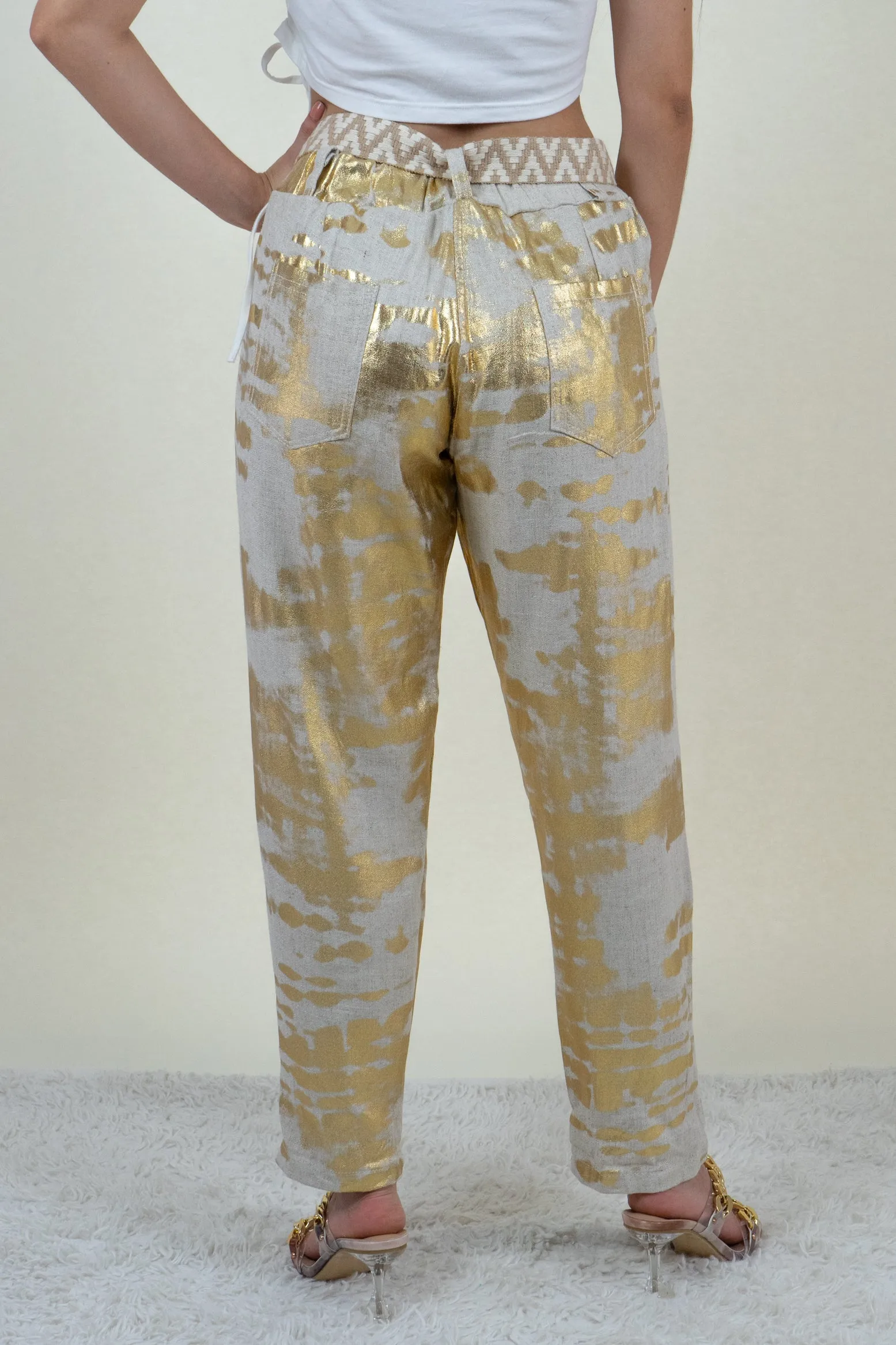 Gold and Beige Linen Jogger Pants