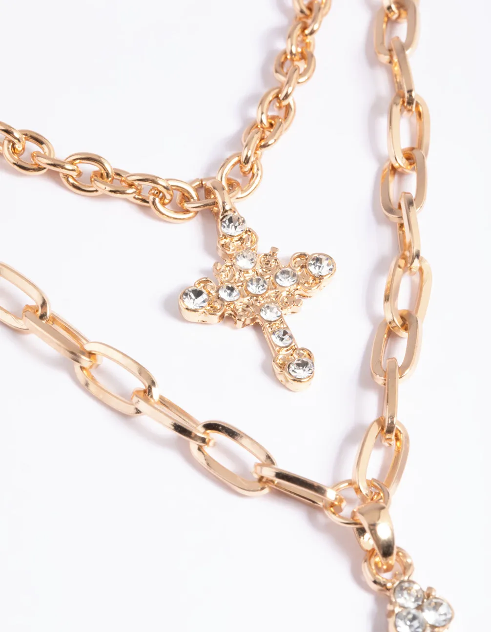 Gold Triple Row Mix Diamante Cross Necklace
