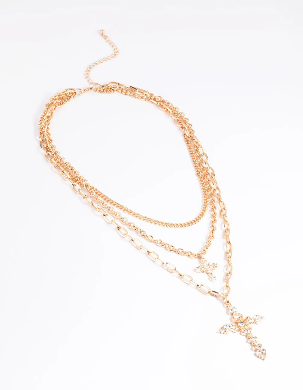 Gold Triple Row Mix Diamante Cross Necklace