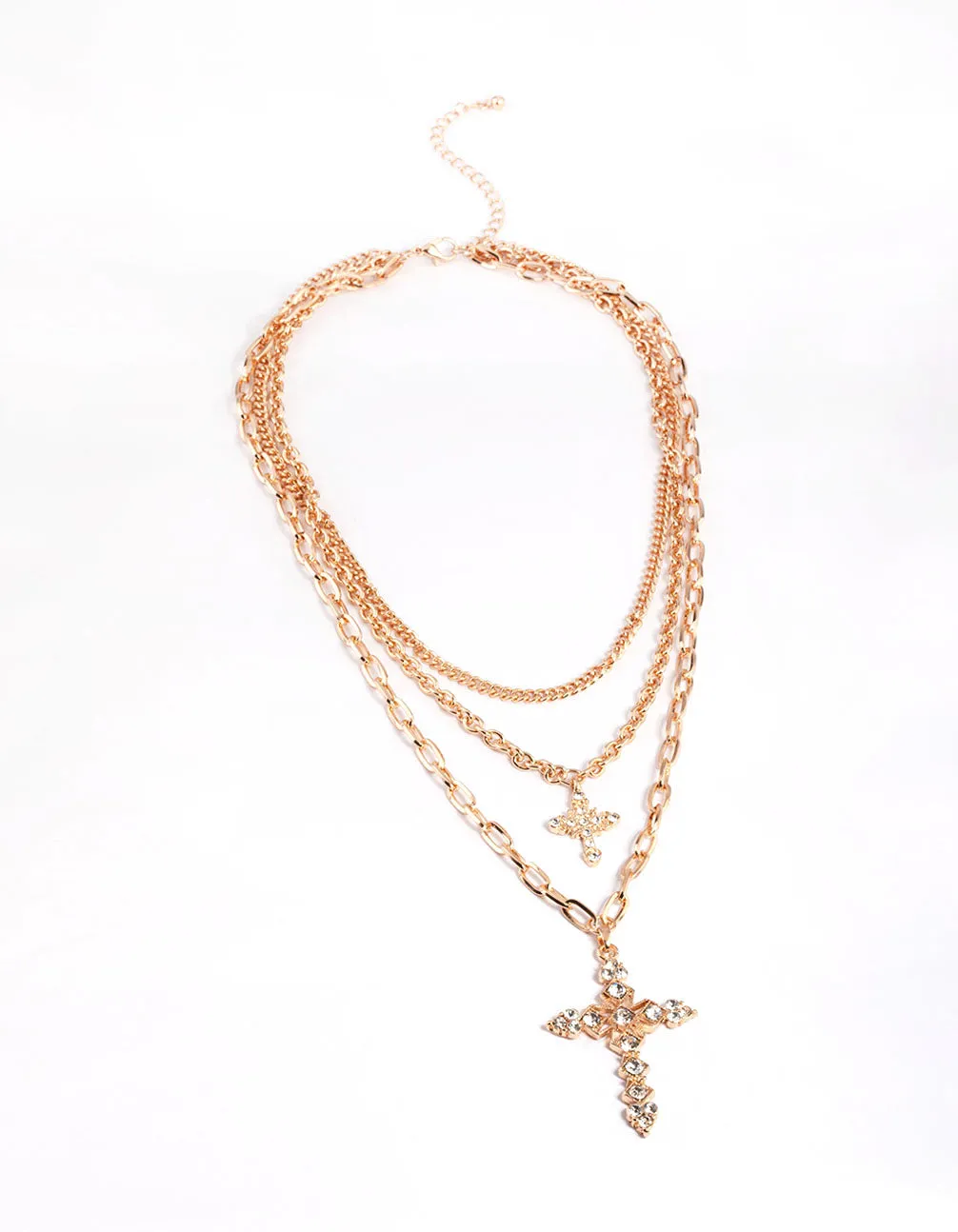 Gold Triple Row Mix Diamante Cross Necklace