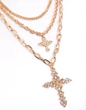Gold Triple Row Mix Diamante Cross Necklace