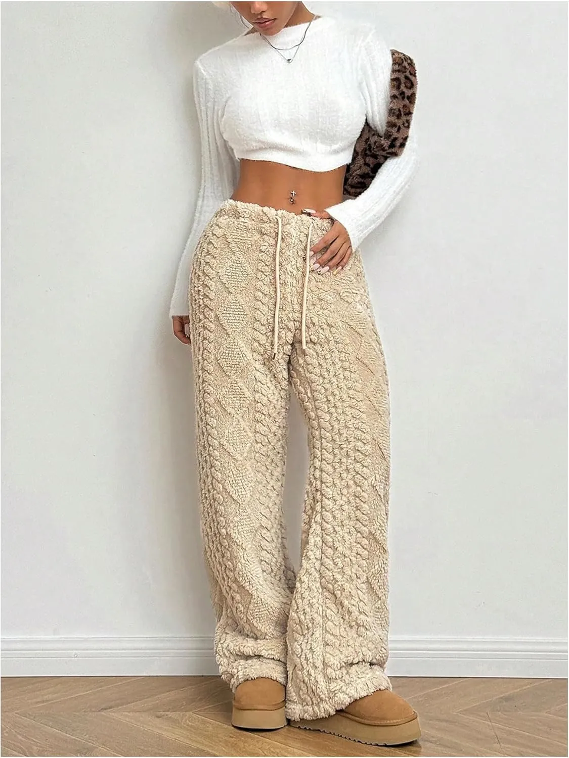 GORGLITTER Women's Cable Knit Sweater Pants Low Waisted Knit Warm Pants