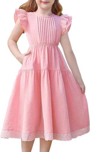 GRACE KARIN Girls Summer Dress Flutter Sleeve Lace A-Line Sundress Casual Elegant Midi Dresses with Pockets for 5-12 Years