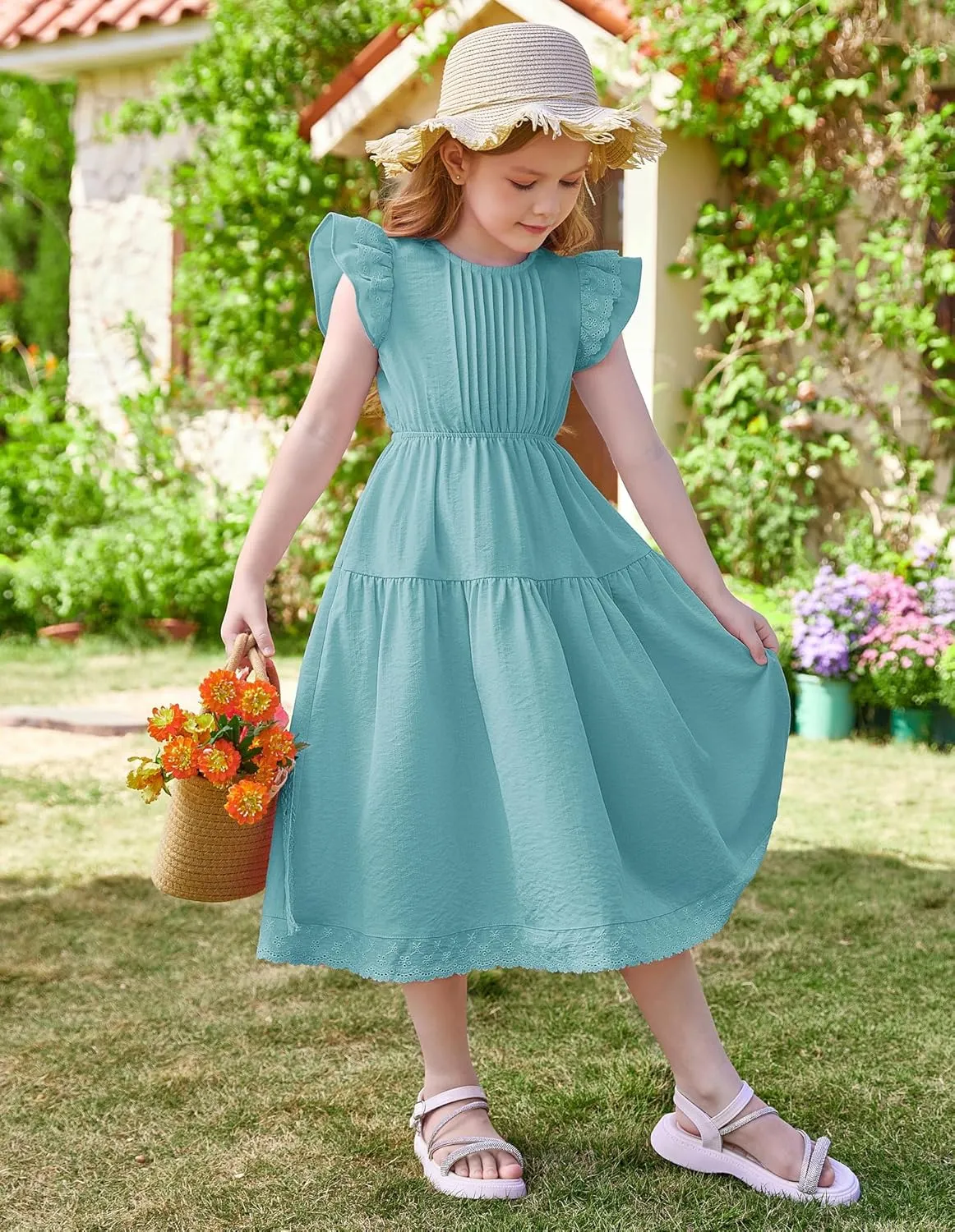 GRACE KARIN Girls Summer Dress Flutter Sleeve Lace A-Line Sundress Casual Elegant Midi Dresses with Pockets for 5-12 Years