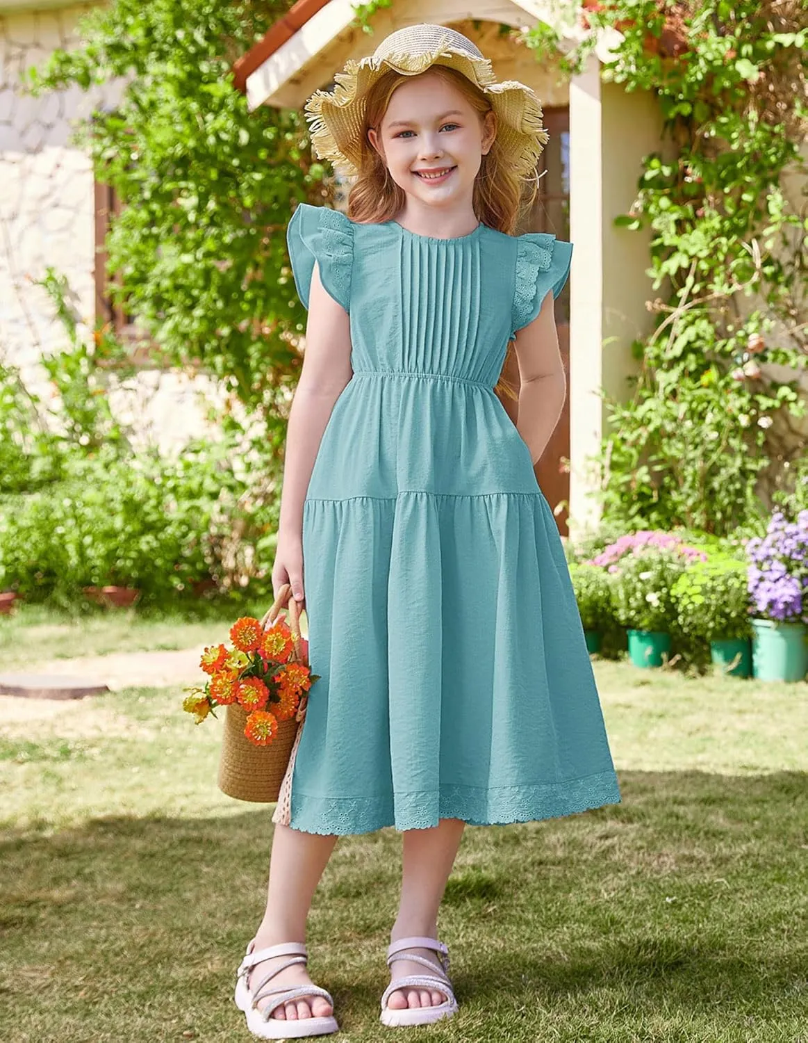 GRACE KARIN Girls Summer Dress Flutter Sleeve Lace A-Line Sundress Casual Elegant Midi Dresses with Pockets for 5-12 Years