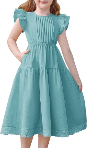 GRACE KARIN Girls Summer Dress Flutter Sleeve Lace A-Line Sundress Casual Elegant Midi Dresses with Pockets for 5-12 Years