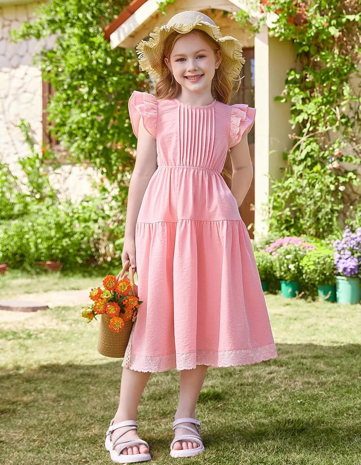 GRACE KARIN Girls Summer Dress Flutter Sleeve Lace A-Line Sundress Casual Elegant Midi Dresses with Pockets for 5-12 Years