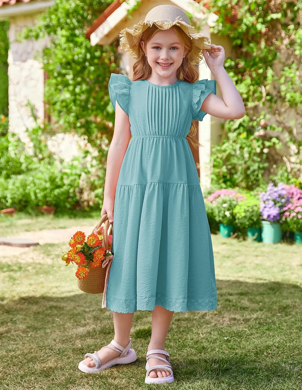 GRACE KARIN Girls Summer Dress Flutter Sleeve Lace A-Line Sundress Casual Elegant Midi Dresses with Pockets for 5-12 Years