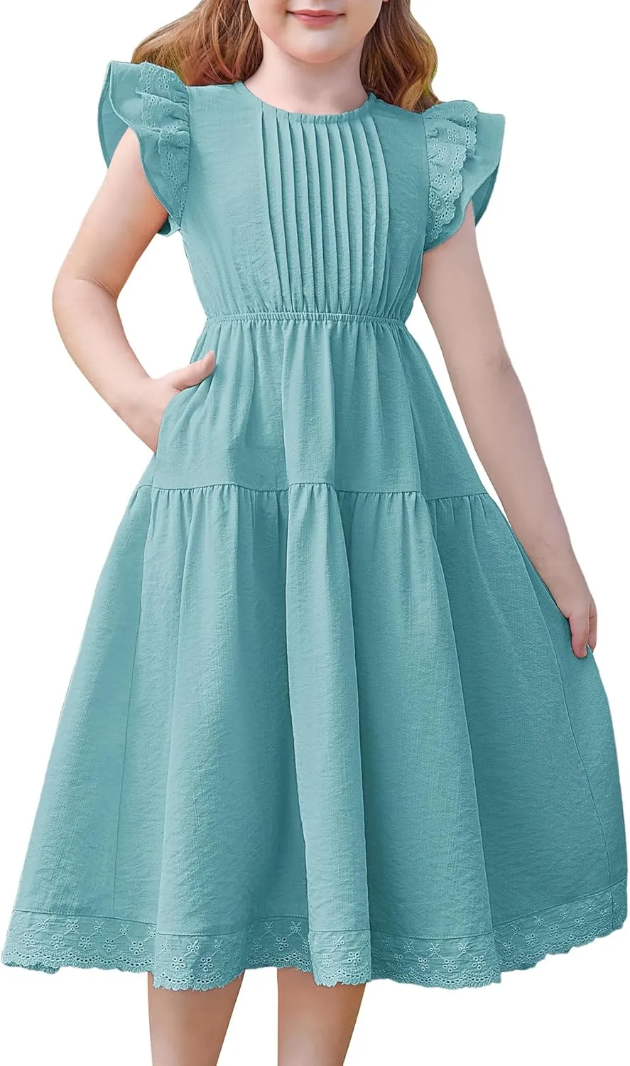 GRACE KARIN Girls Summer Dress Flutter Sleeve Lace A-Line Sundress Casual Elegant Midi Dresses with Pockets for 5-12 Years