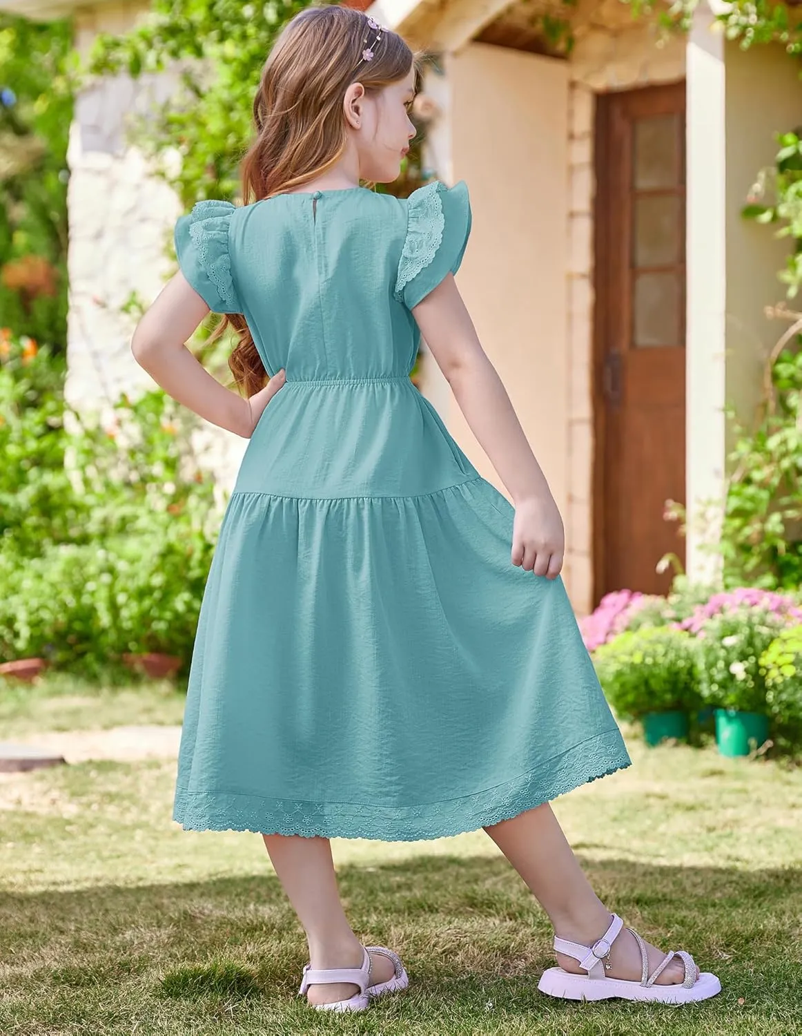 GRACE KARIN Girls Summer Dress Flutter Sleeve Lace A-Line Sundress Casual Elegant Midi Dresses with Pockets for 5-12 Years