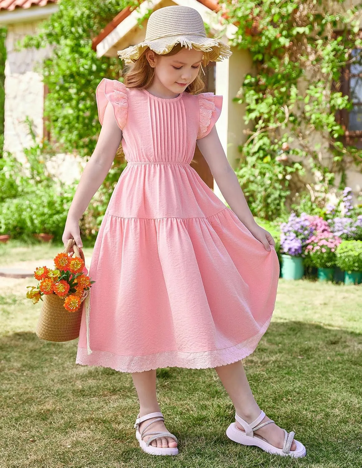 GRACE KARIN Girls Summer Dress Flutter Sleeve Lace A-Line Sundress Casual Elegant Midi Dresses with Pockets for 5-12 Years