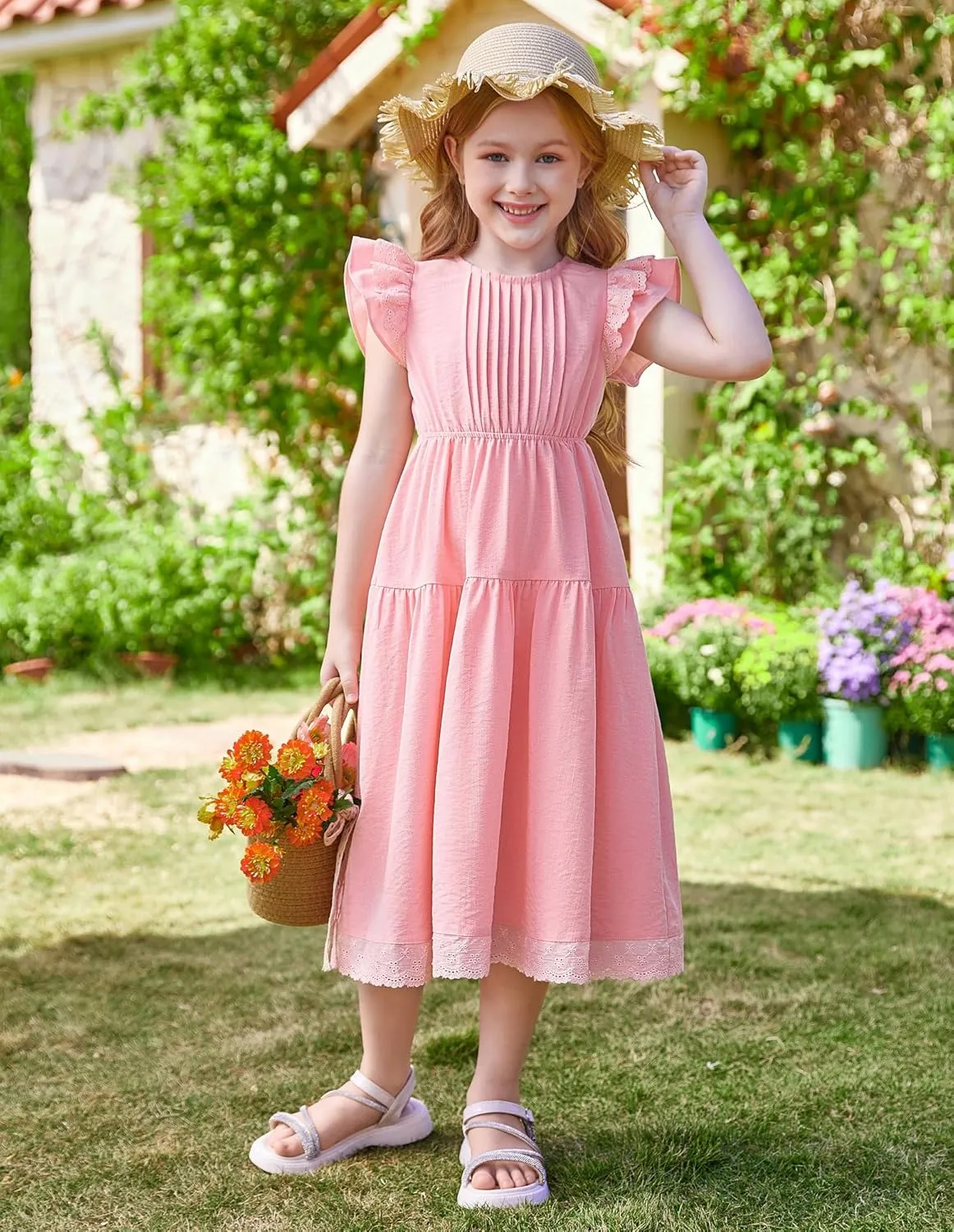 GRACE KARIN Girls Summer Dress Flutter Sleeve Lace A-Line Sundress Casual Elegant Midi Dresses with Pockets for 5-12 Years