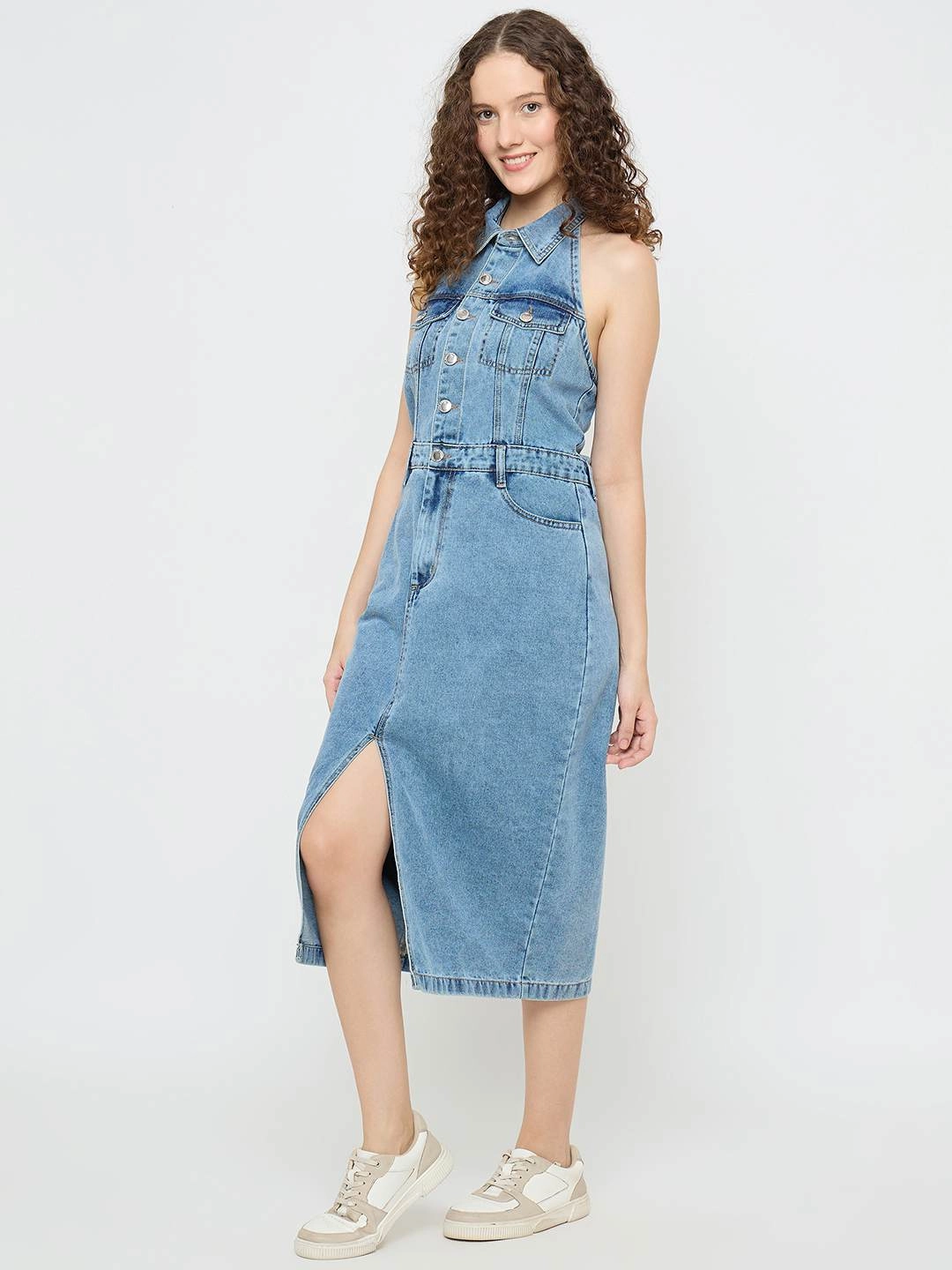 Relaxed Fit Fitted Style Madame Halter Neck Bodycon Cotton Denim Dress