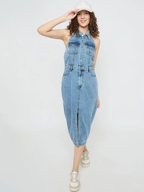 Flattering Look Fit Madame Halter Neck Bodycon Cotton Denim Dress