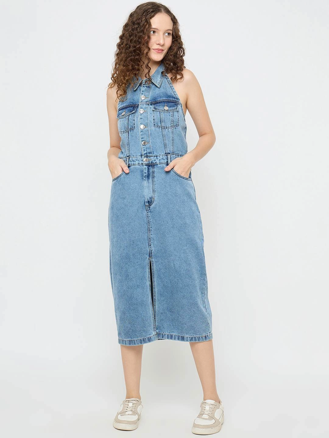 Madame Halter Neck Bodycon Cotton Denim Dress Bold Touch Stylish Waist Fit