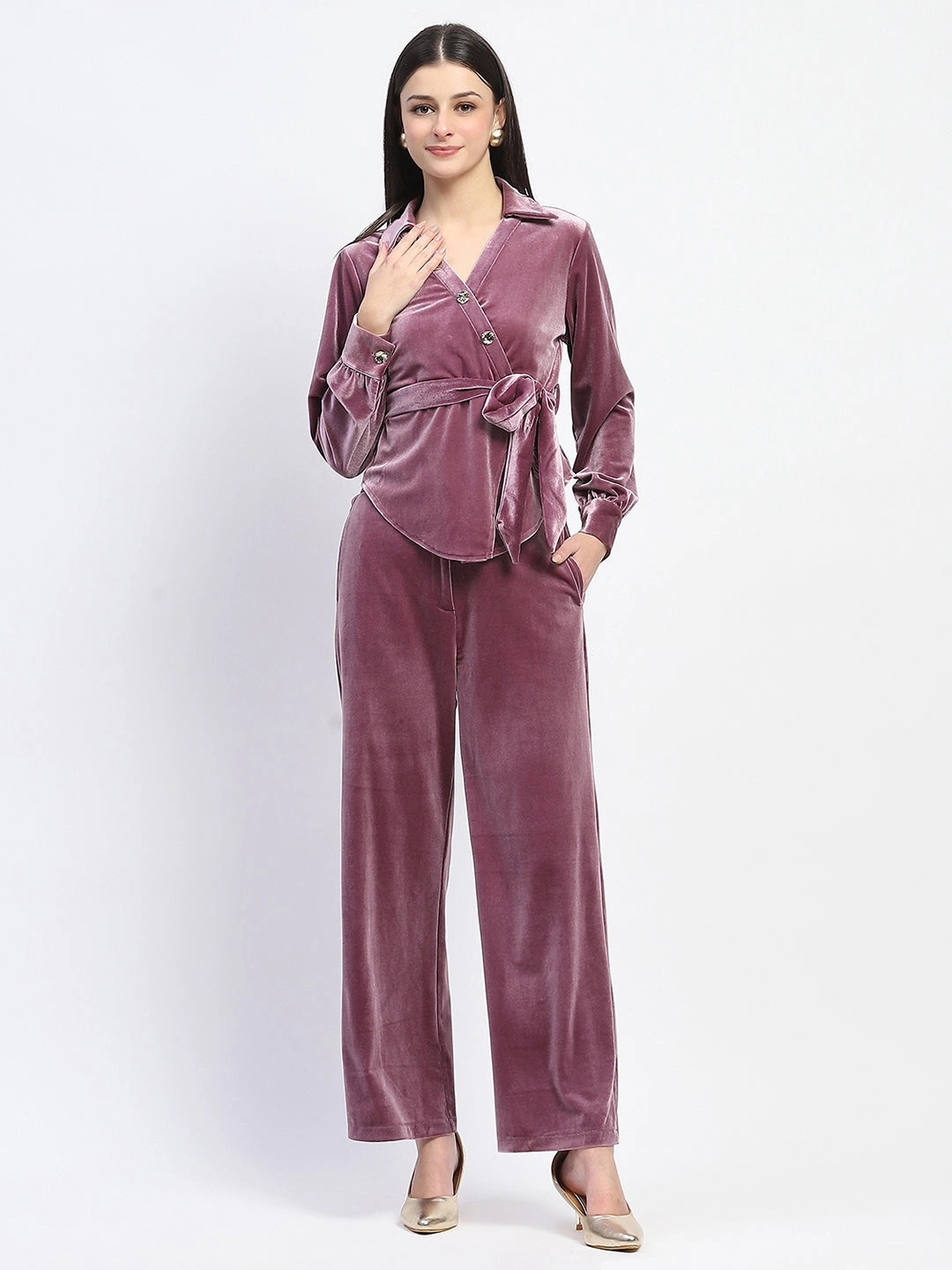 Active Outfit Madame Collared Asymmetric Hem Velvet Co-ord Set