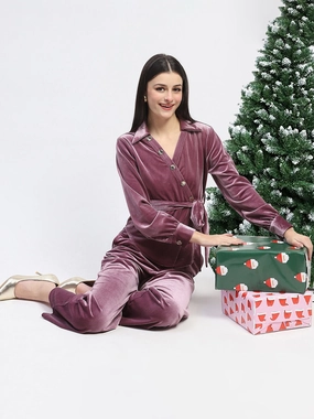 Comfortable Design Satin-Finish Madame Collared Asymmetric Hem Velvet Co-ord Set