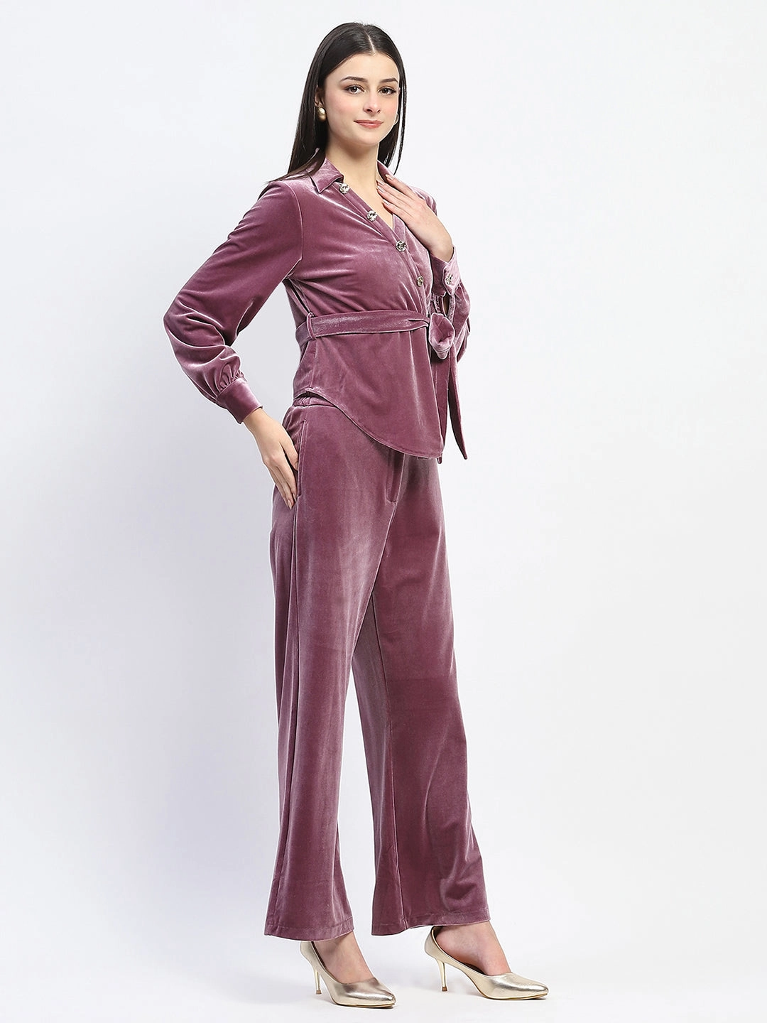 Mesh Soft Madame Collared Asymmetric Hem Velvet Co-ord Set