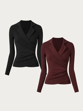 2Pcs Set Collared Surplice Top Resilient Fabric Blend