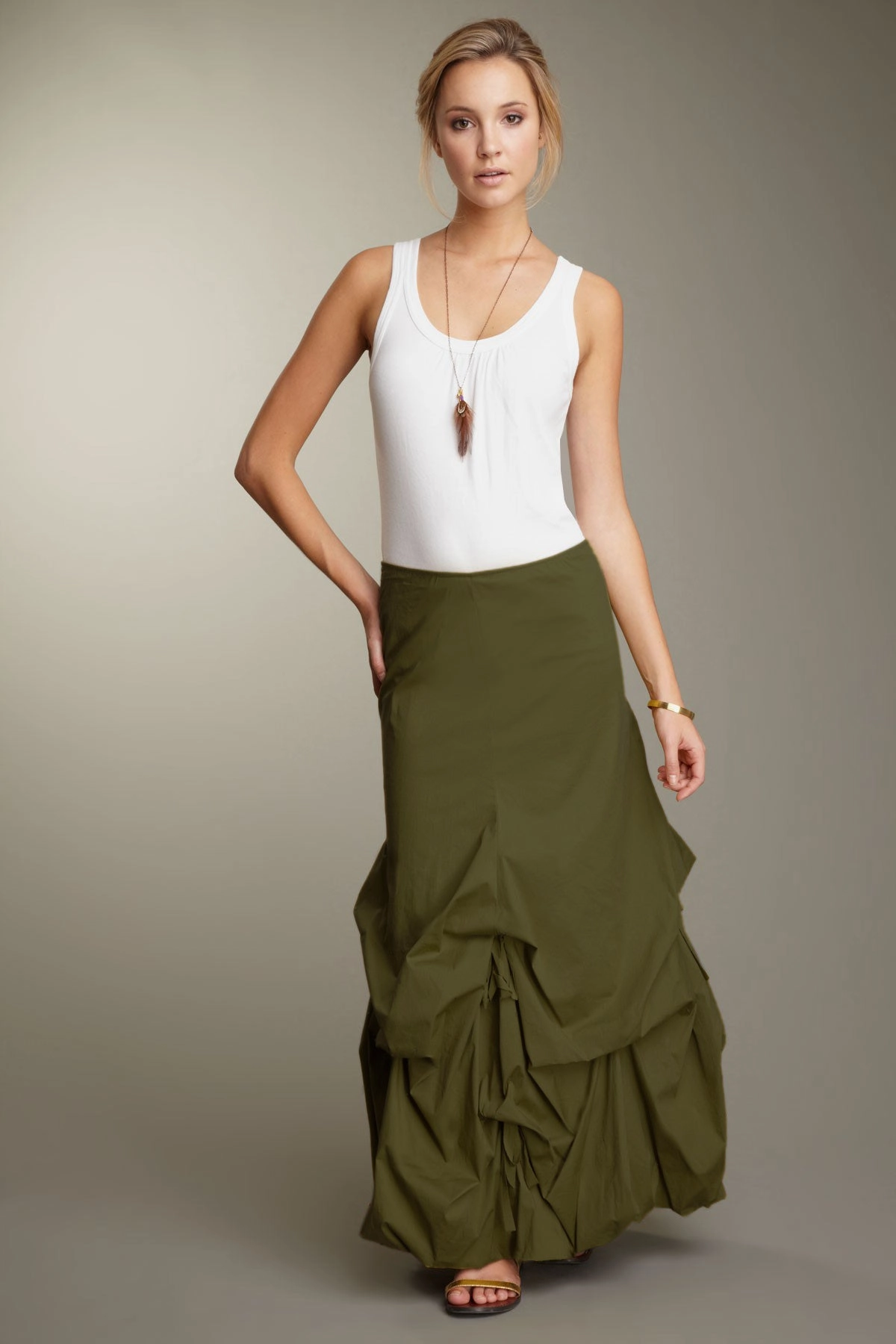 Stretch Poplin Balloon Skirt - Dark Olive slim fit Smooth Texture