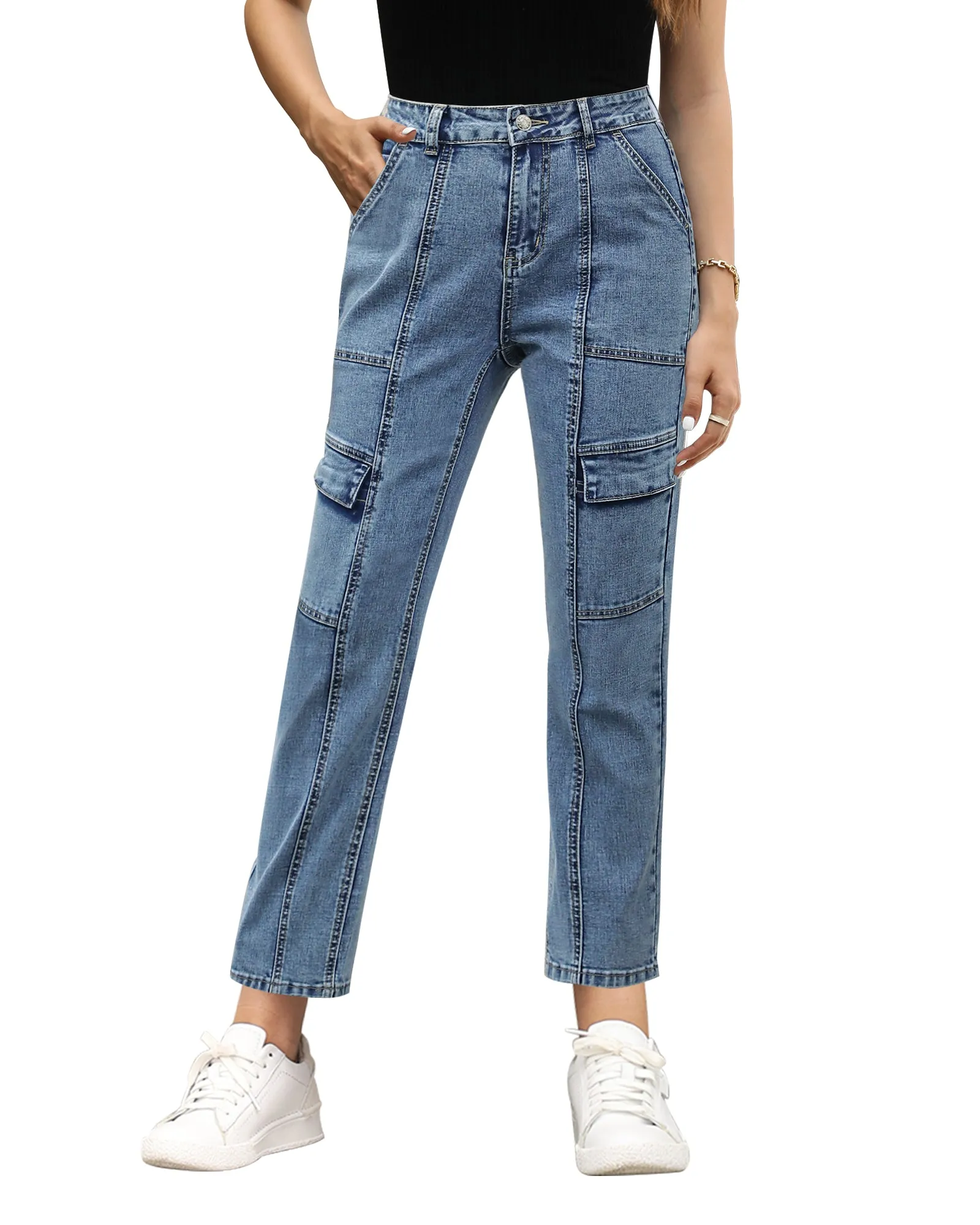 GRAPENT 2023 Jeans for Women Fashion Cargo Pants High Waisted Stretch Straight Leg Distressed Denim Pants