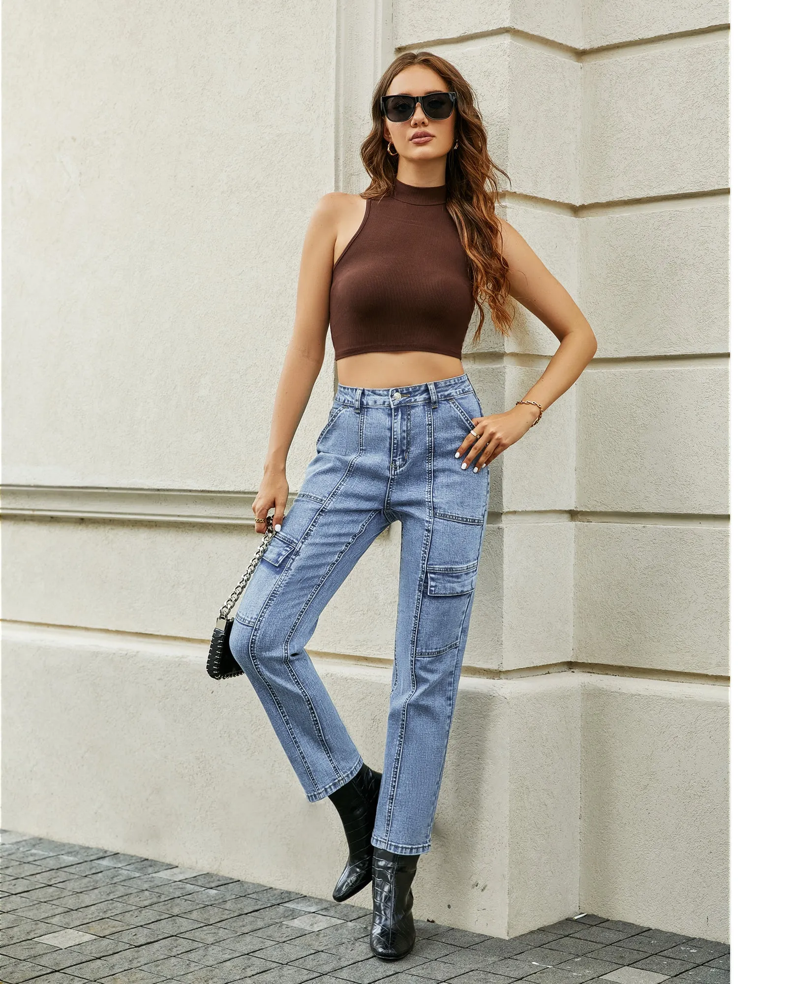 GRAPENT 2023 Jeans for Women Fashion Cargo Pants High Waisted Stretch Straight Leg Distressed Denim Pants