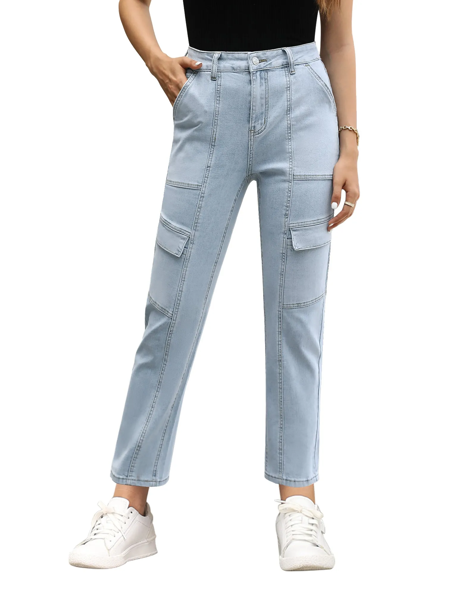 GRAPENT 2023 Jeans for Women Fashion Cargo Pants High Waisted Stretch Straight Leg Distressed Denim Pants