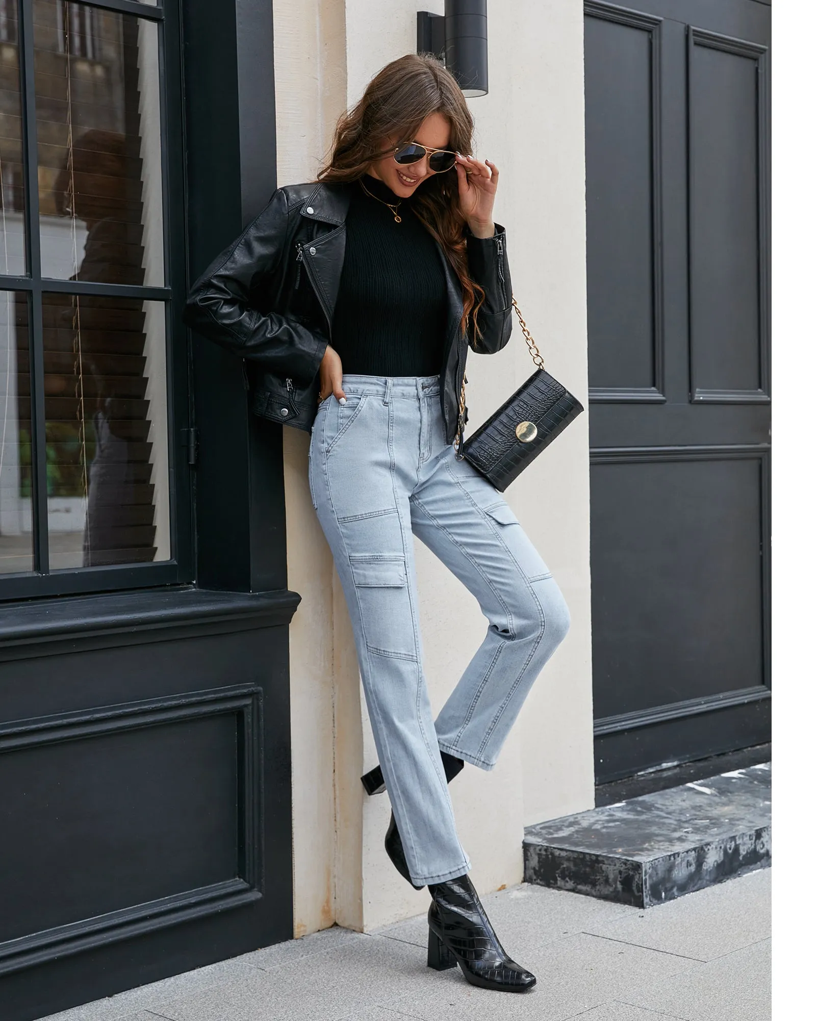 GRAPENT 2023 Jeans for Women Fashion Cargo Pants High Waisted Stretch Straight Leg Distressed Denim Pants