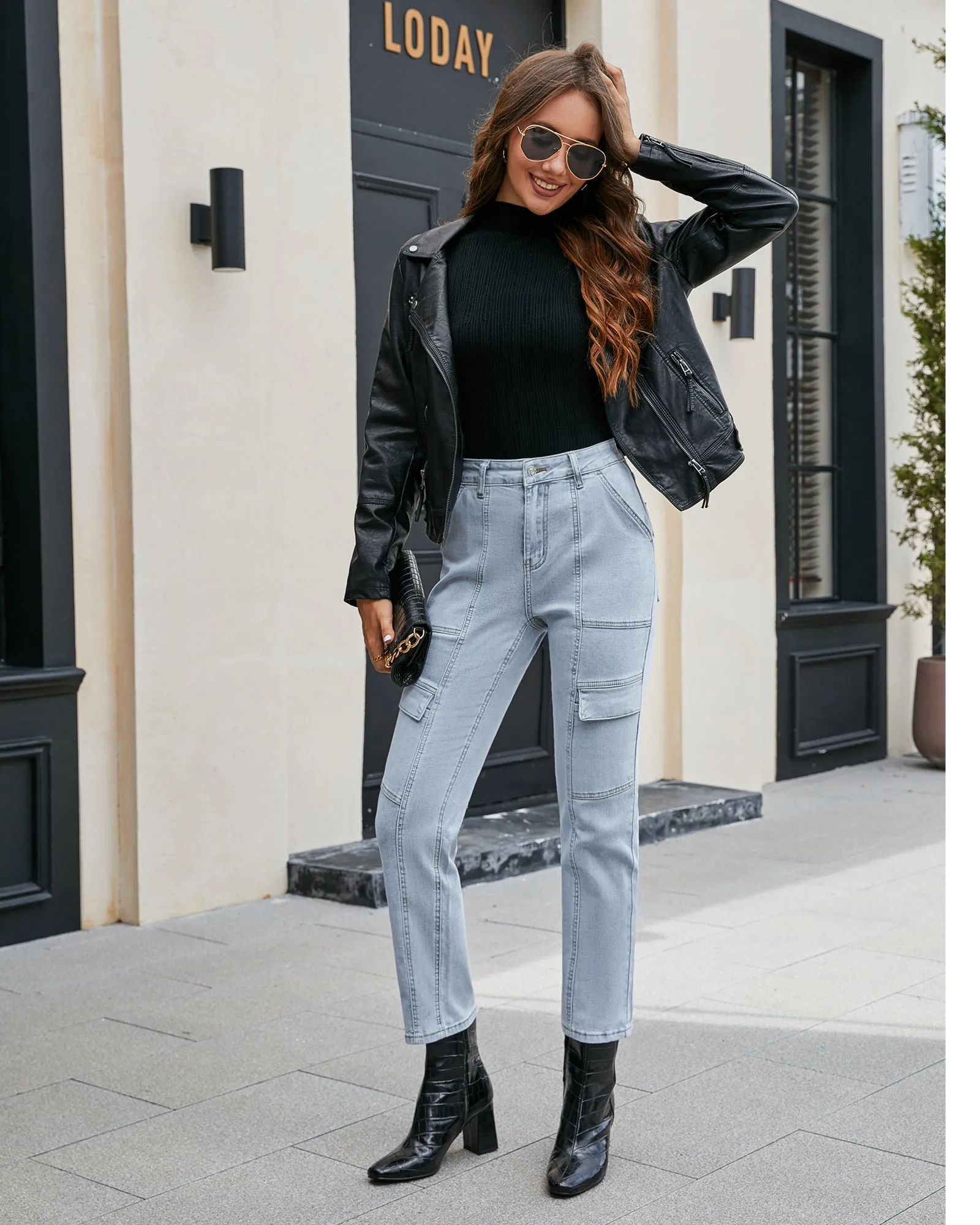 GRAPENT 2023 Jeans for Women Fashion Cargo Pants High Waisted Stretch Straight Leg Distressed Denim Pants