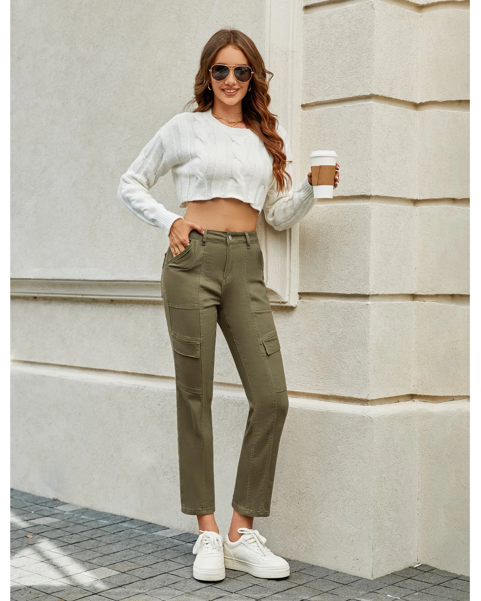 GRAPENT 2023 Jeans for Women Fashion Cargo Pants High Waisted Stretch Straight Leg Distressed Denim Pants