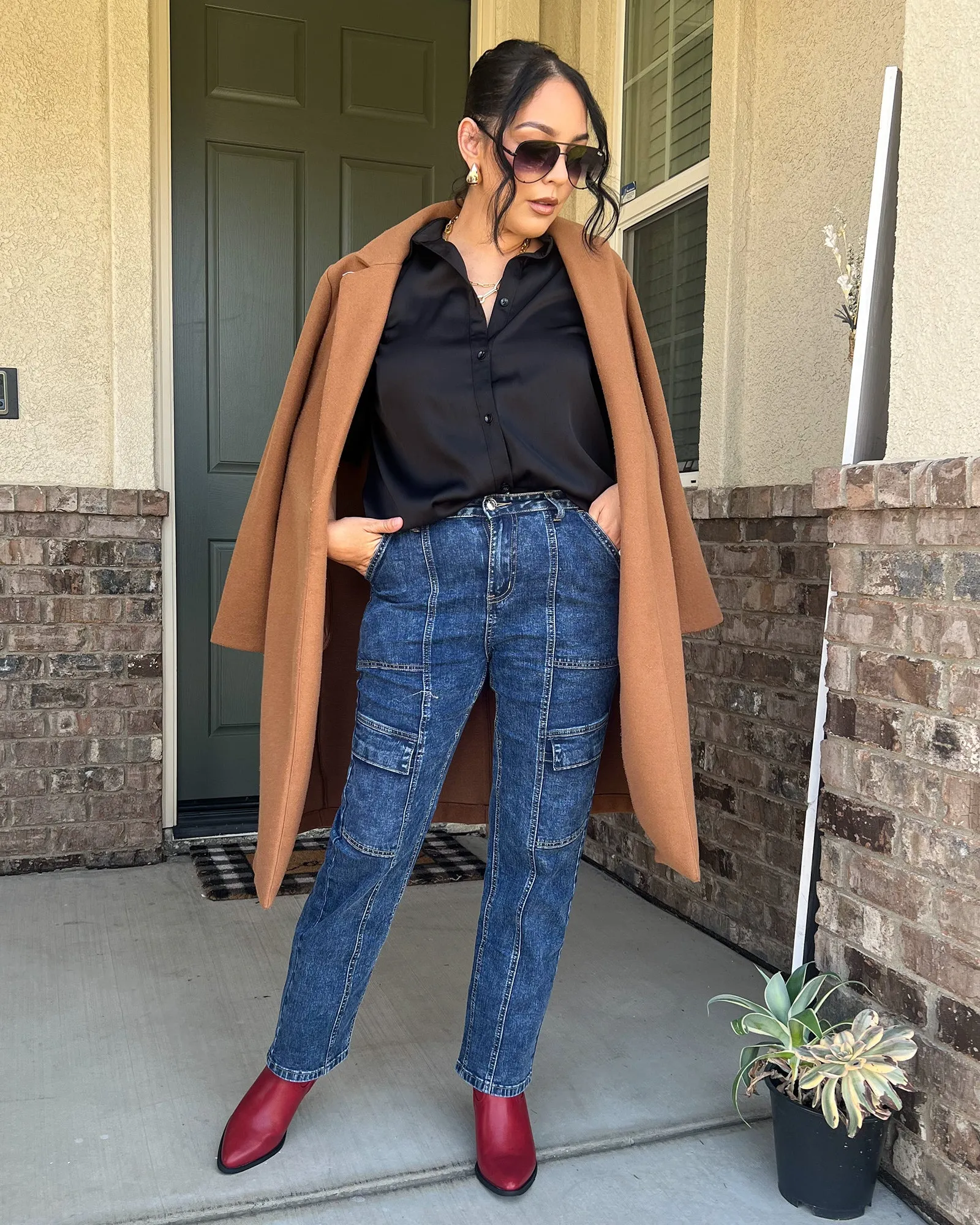GRAPENT 2023 Jeans for Women Fashion Cargo Pants High Waisted Stretch Straight Leg Distressed Denim Pants