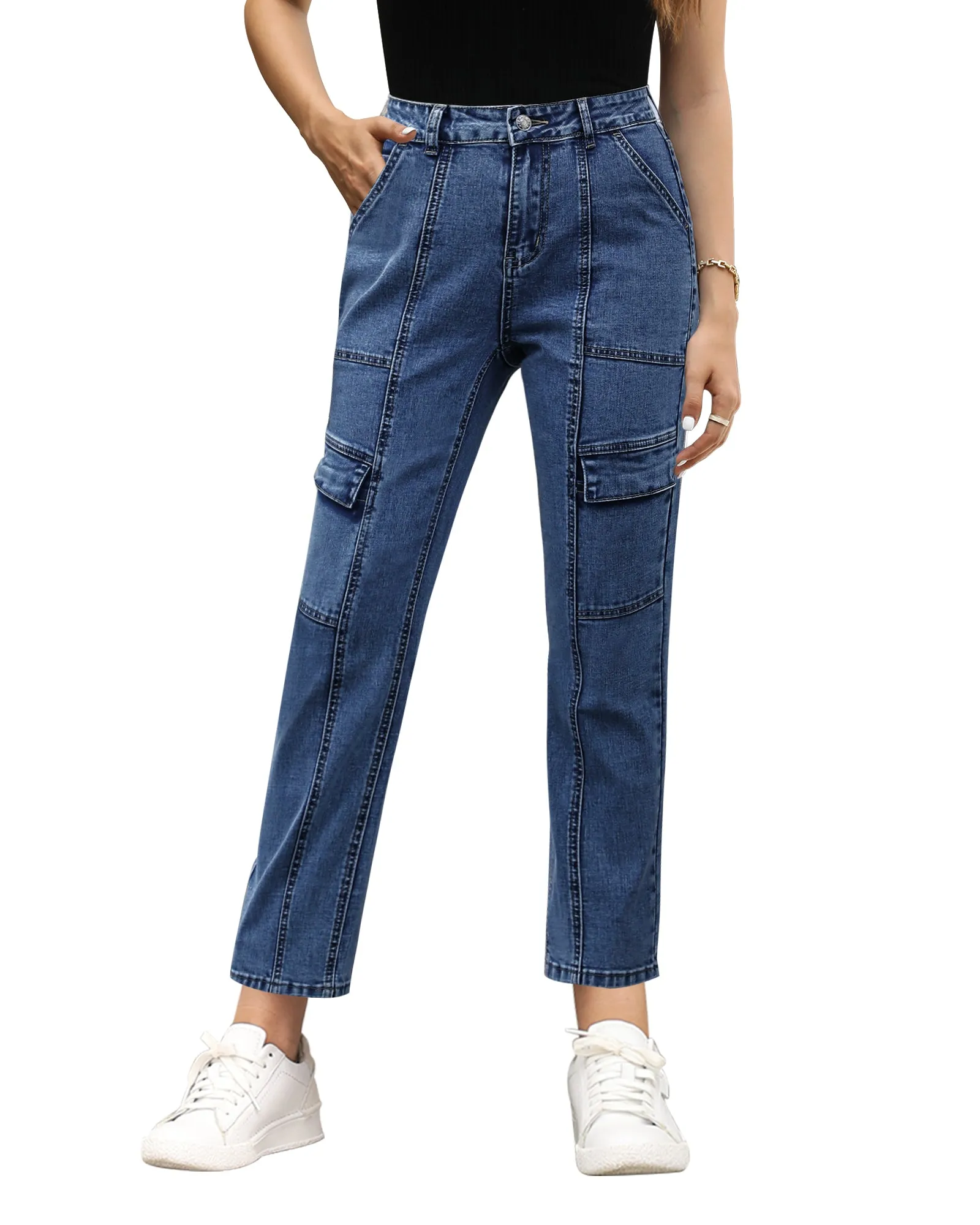 GRAPENT 2023 Jeans for Women Fashion Cargo Pants High Waisted Stretch Straight Leg Distressed Denim Pants