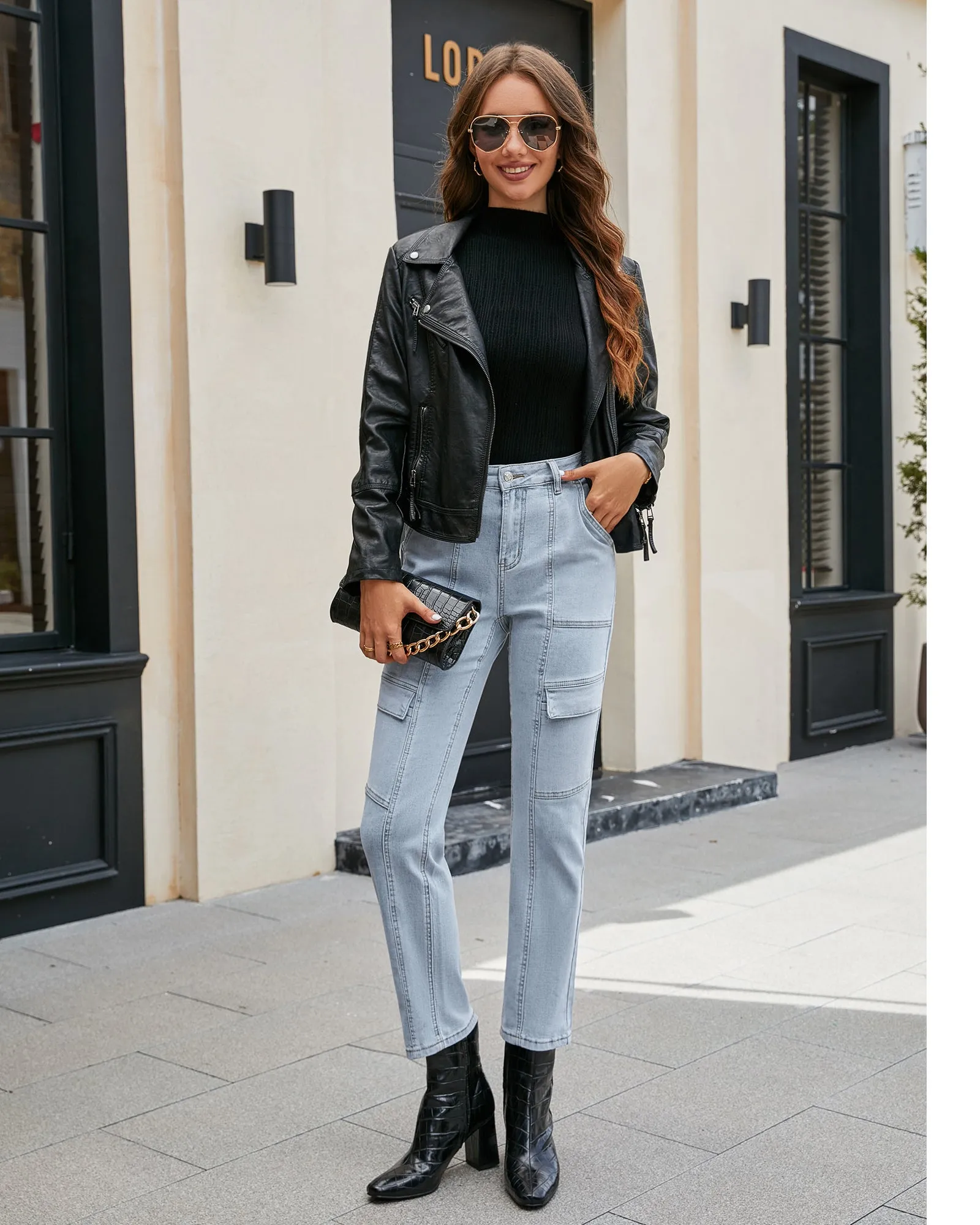 GRAPENT 2023 Jeans for Women Fashion Cargo Pants High Waisted Stretch Straight Leg Distressed Denim Pants