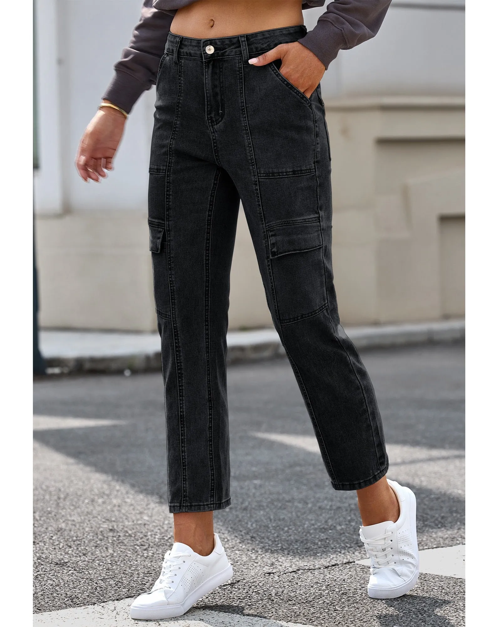 GRAPENT 2023 Jeans for Women Fashion Cargo Pants High Waisted Stretch Straight Leg Distressed Denim Pants