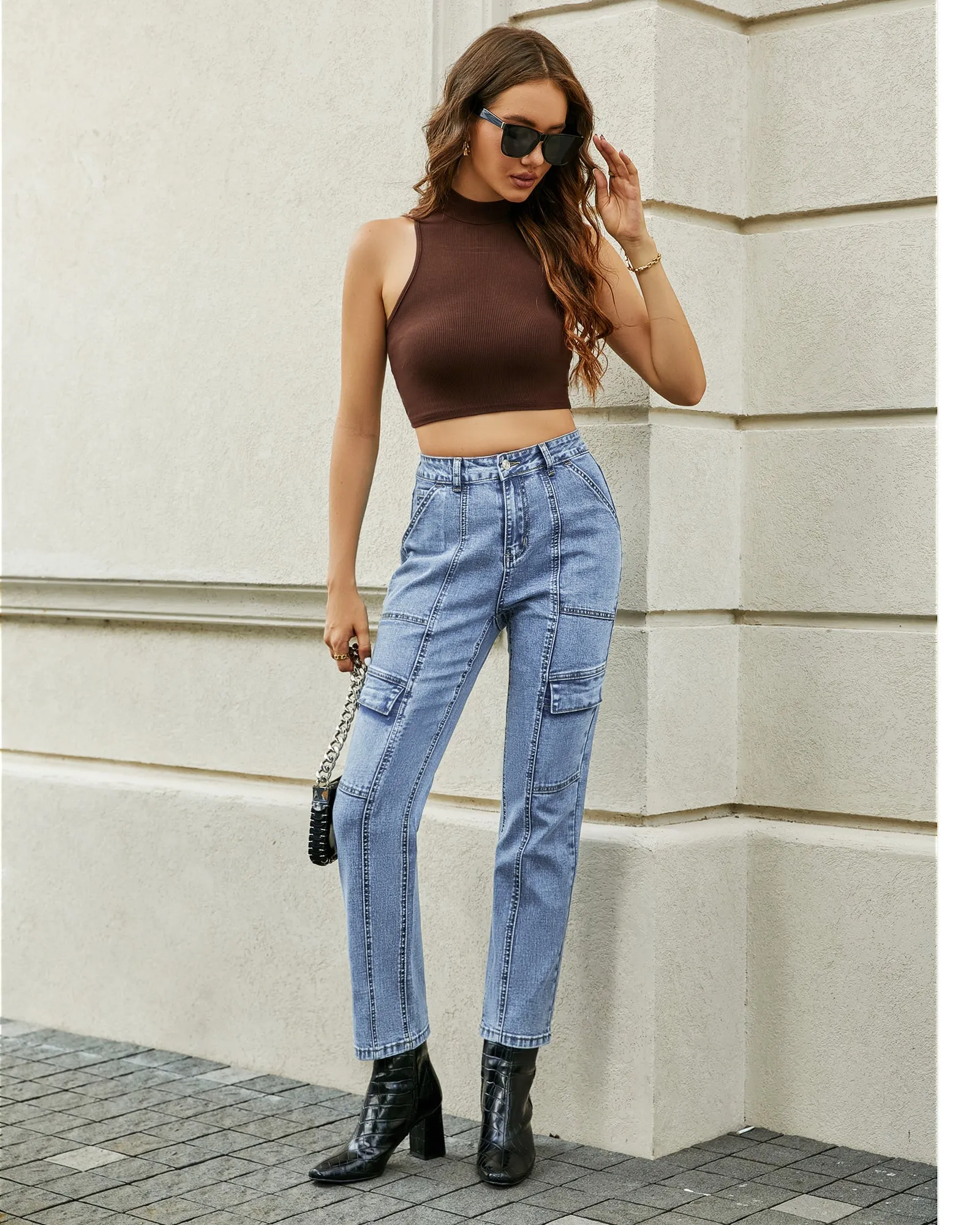GRAPENT 2023 Jeans for Women Fashion Cargo Pants High Waisted Stretch Straight Leg Distressed Denim Pants