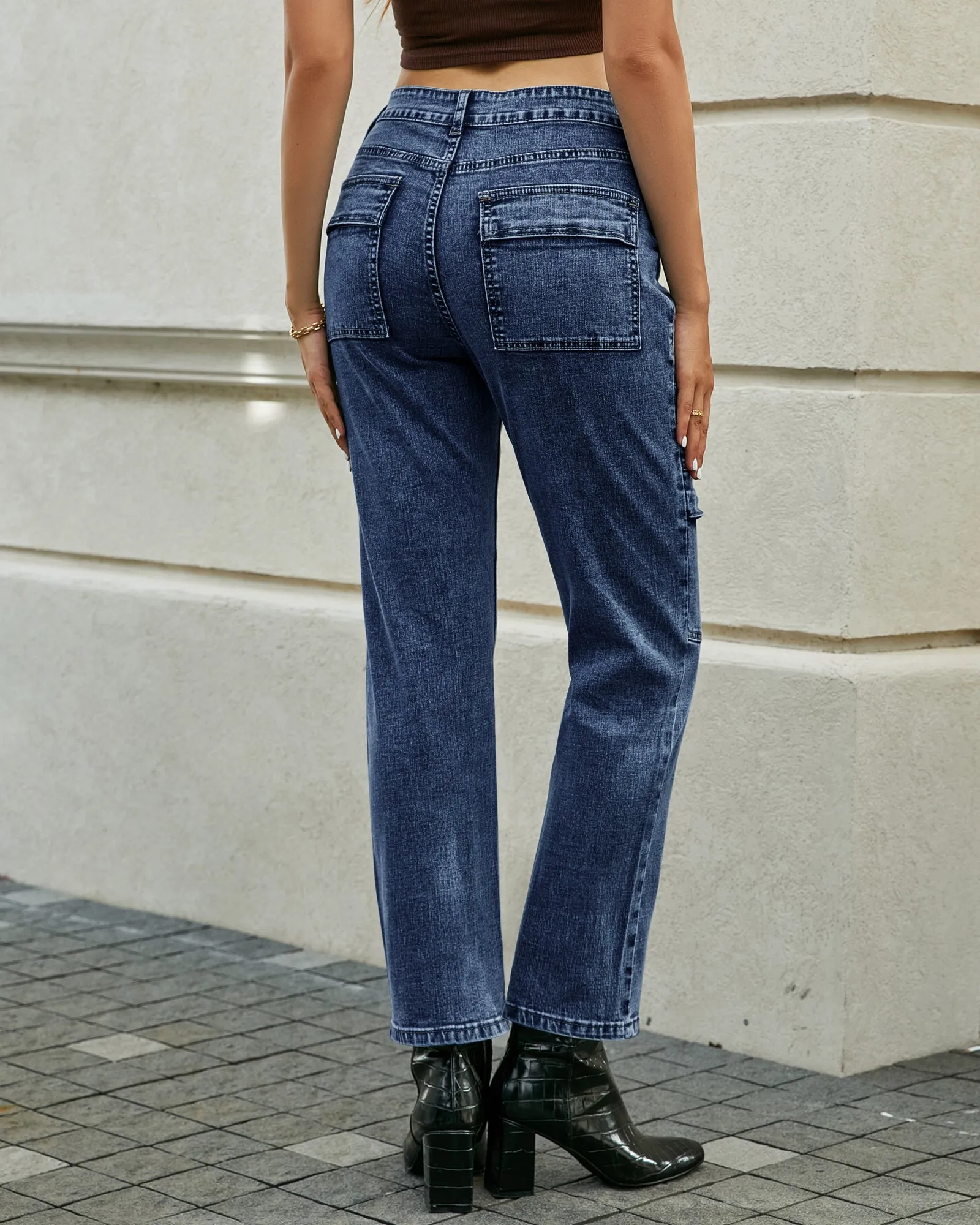 GRAPENT 2023 Jeans for Women Fashion Cargo Pants High Waisted Stretch Straight Leg Distressed Denim Pants