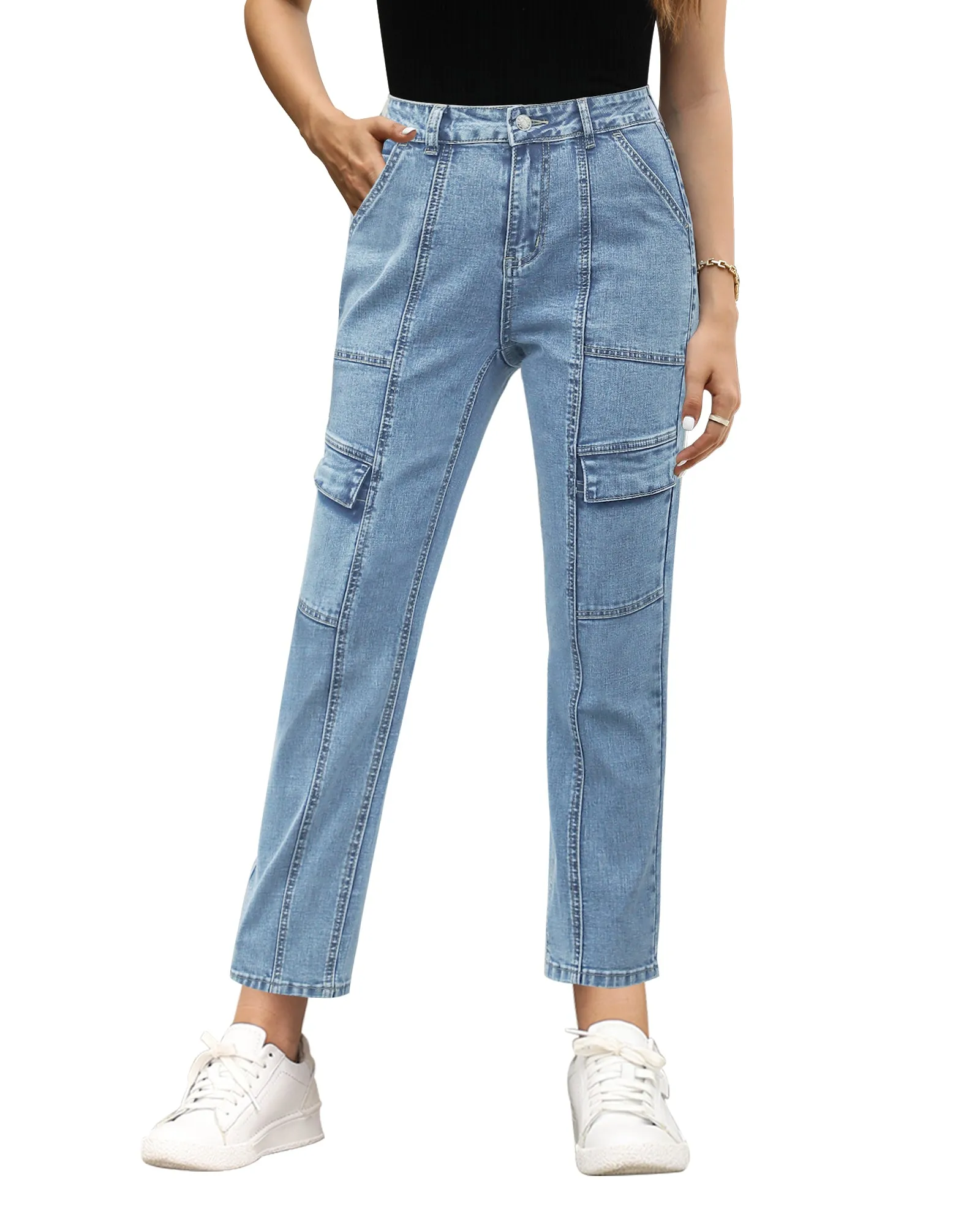 GRAPENT 2023 Jeans for Women Fashion Cargo Pants High Waisted Stretch Straight Leg Distressed Denim Pants