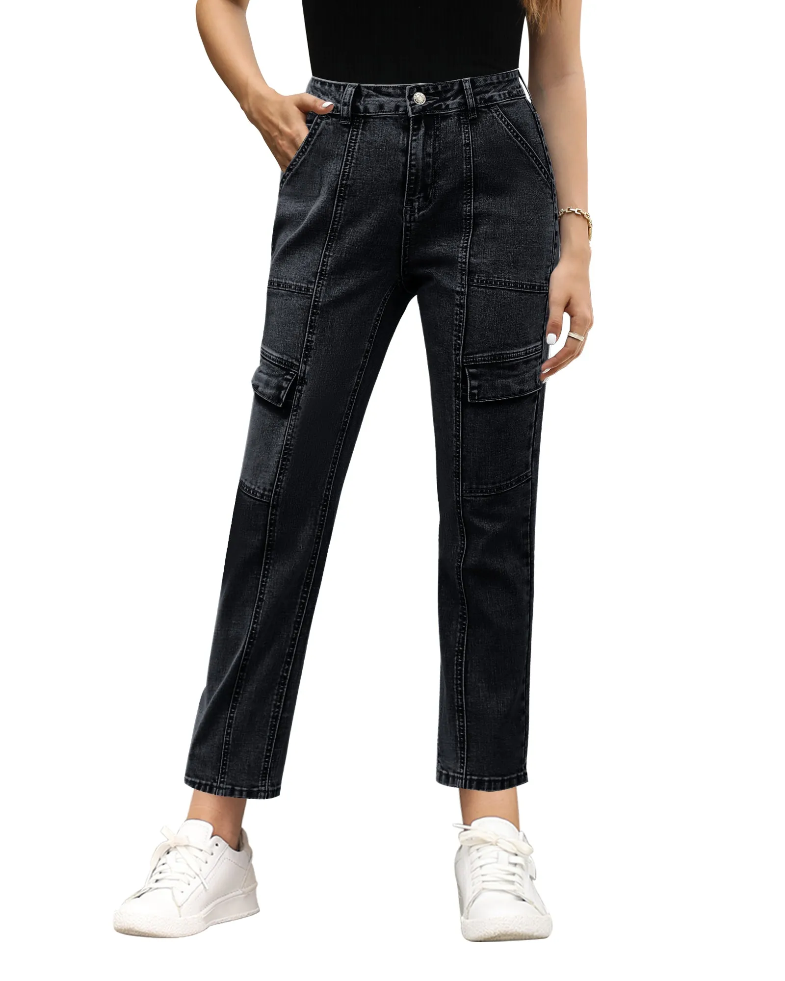 GRAPENT 2023 Jeans for Women Fashion Cargo Pants High Waisted Stretch Straight Leg Distressed Denim Pants