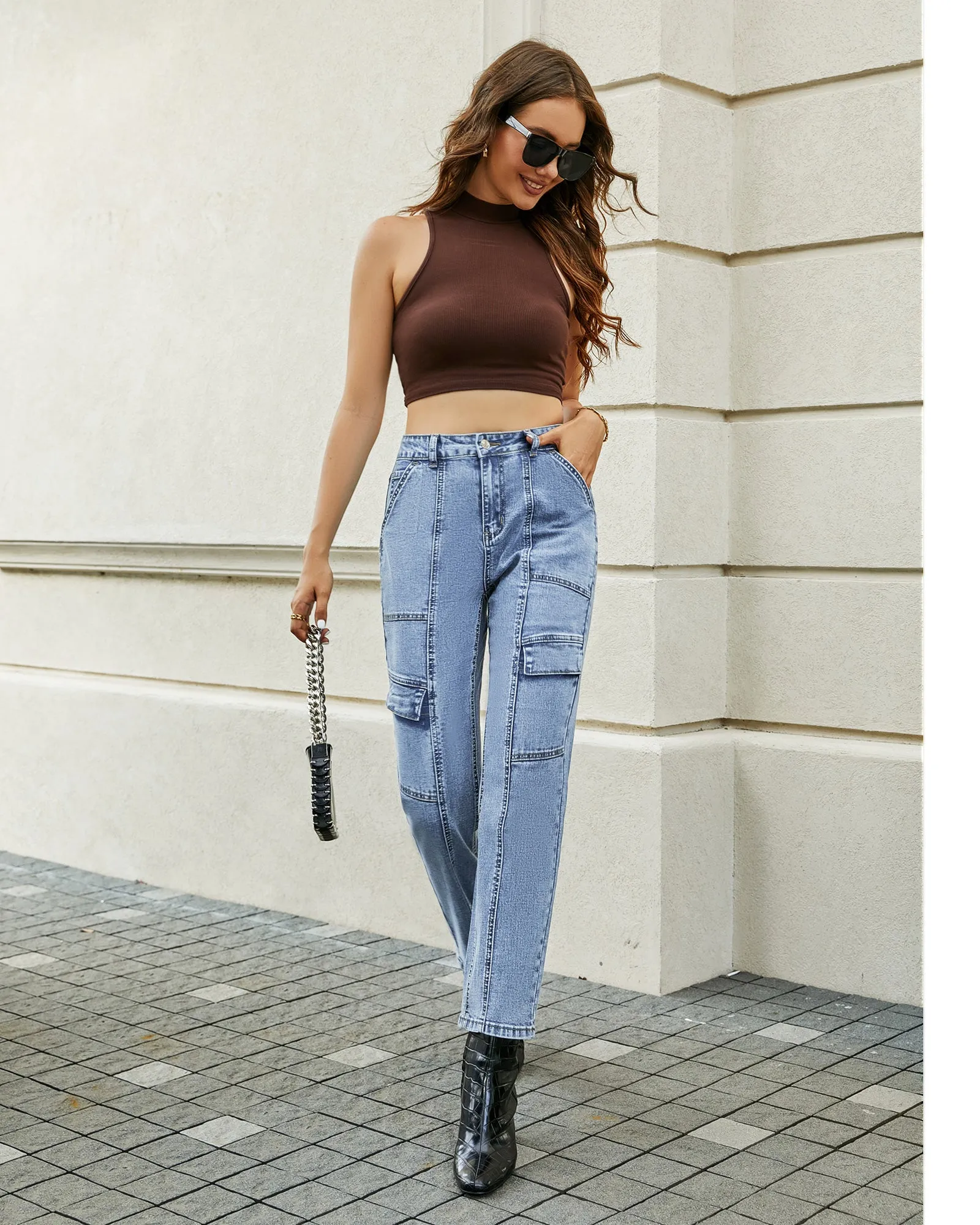 GRAPENT 2023 Jeans for Women Fashion Cargo Pants High Waisted Stretch Straight Leg Distressed Denim Pants