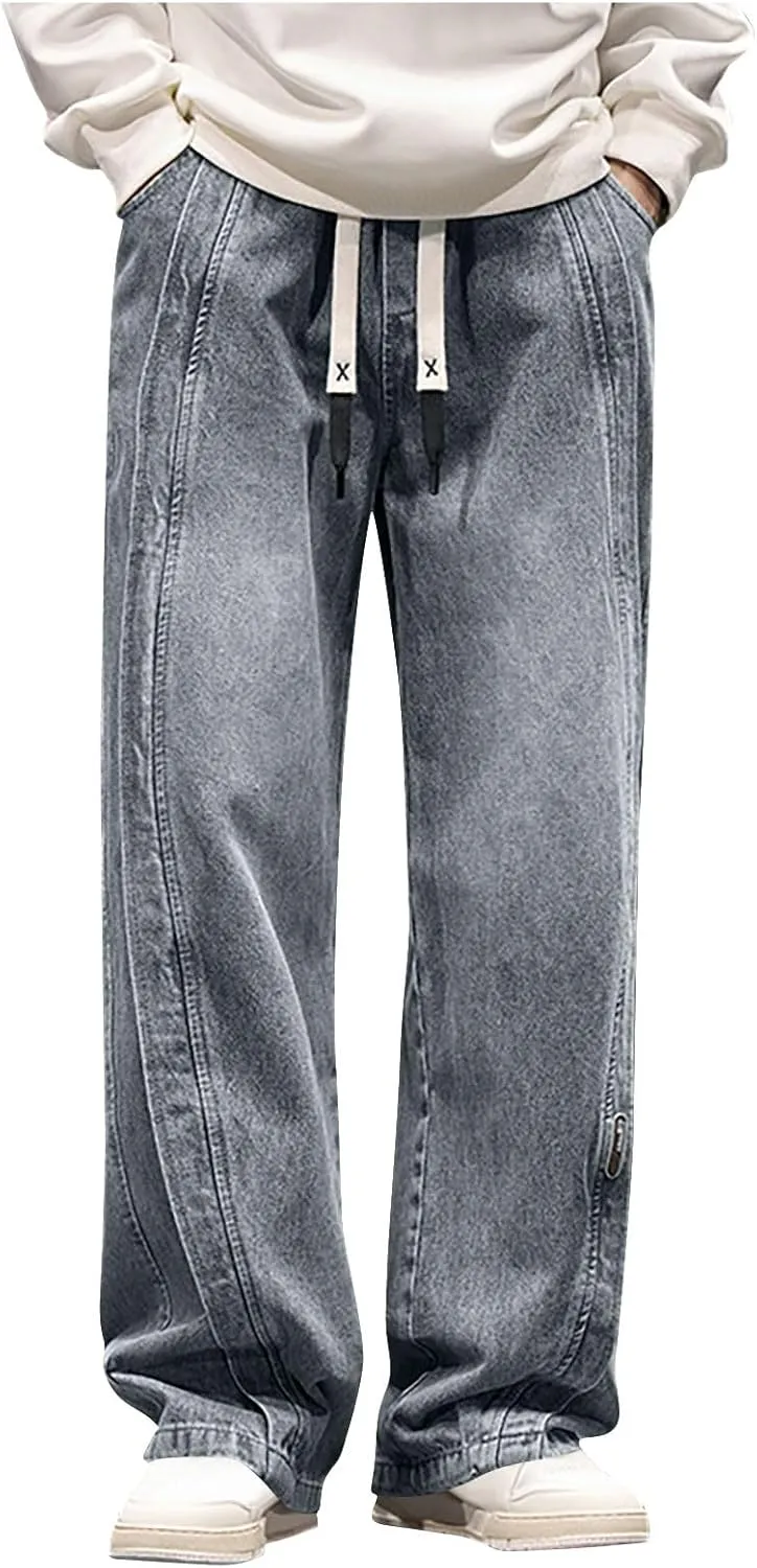 Gray Trousers Pants for Mens Winter Fall Faux Denim Casual Western Paperbag Straight Leg Basic Trousers Pants Jeans Mens 2025 Clothing Fashion Regular Fit XL