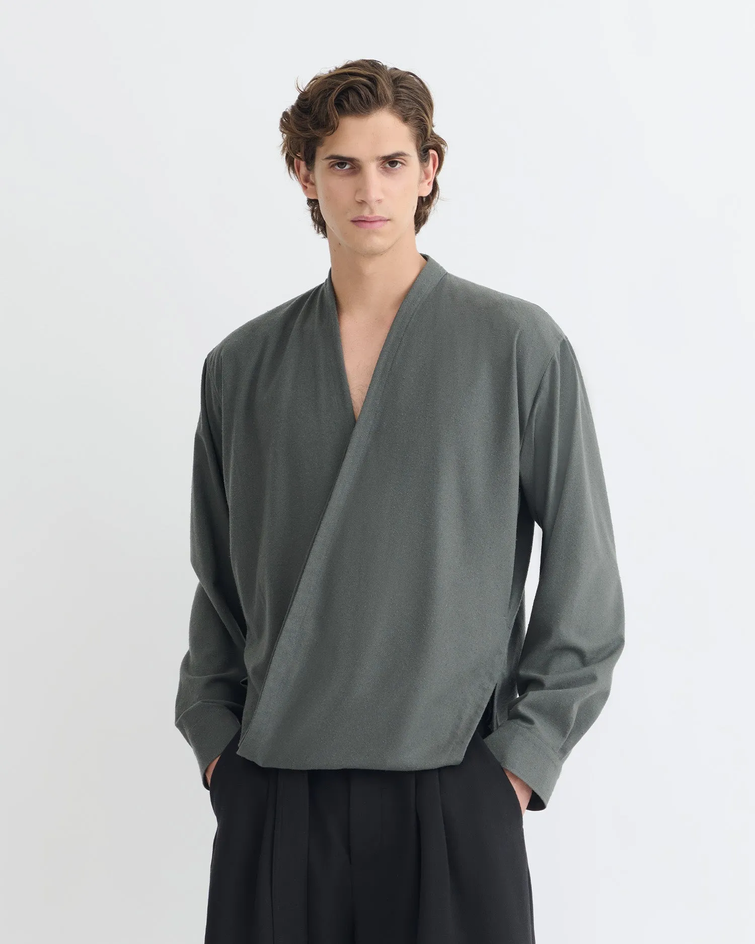 Yorick - Raw Silk Wrap Shirt - Dark Grey Personalized Biodegradable Material Option