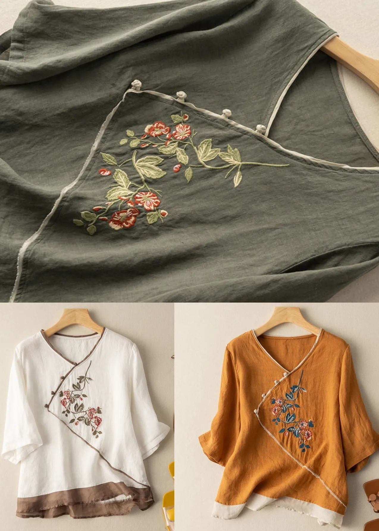 Green Patchwork Linen Top V Neck Embroideried Summer LY2932