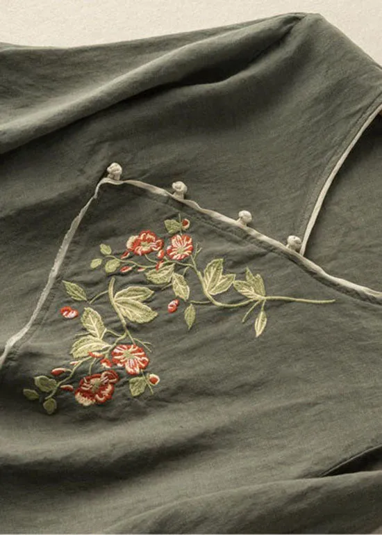 Green Patchwork Linen Top V Neck Embroideried Summer LY2932