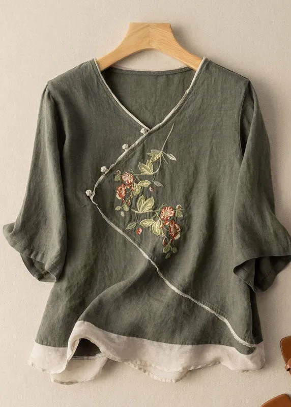 Green Patchwork Linen Top V Neck Embroideried Summer LY2932
