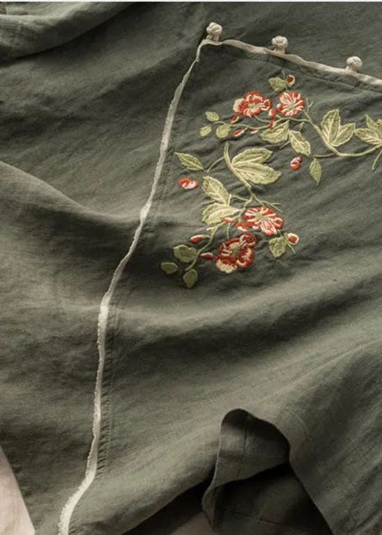 Green Patchwork Linen Top V Neck Embroideried Summer LY2932
