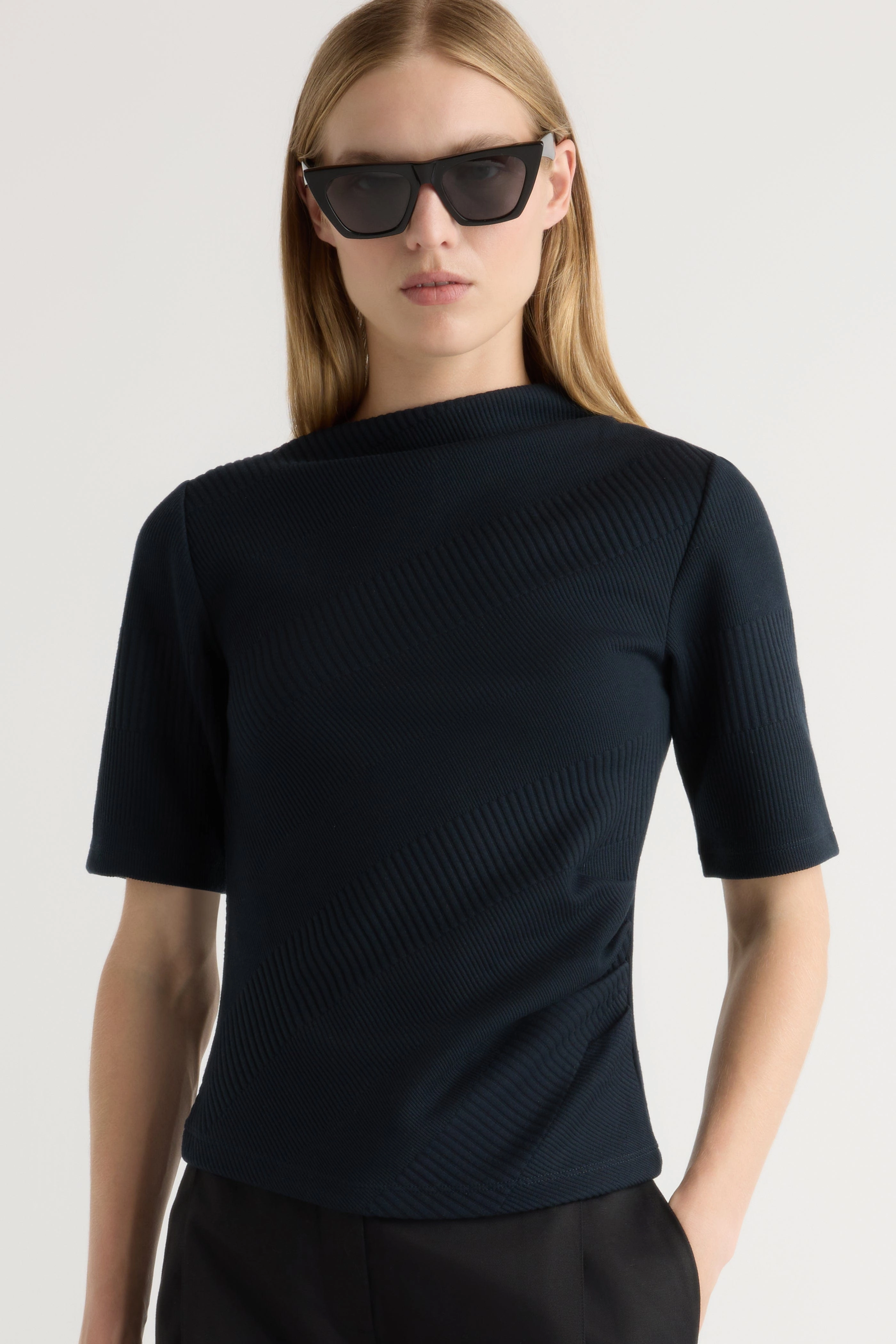 Pauline Ribbed Asymmetric-Neck Top Breathable Linen Blend
