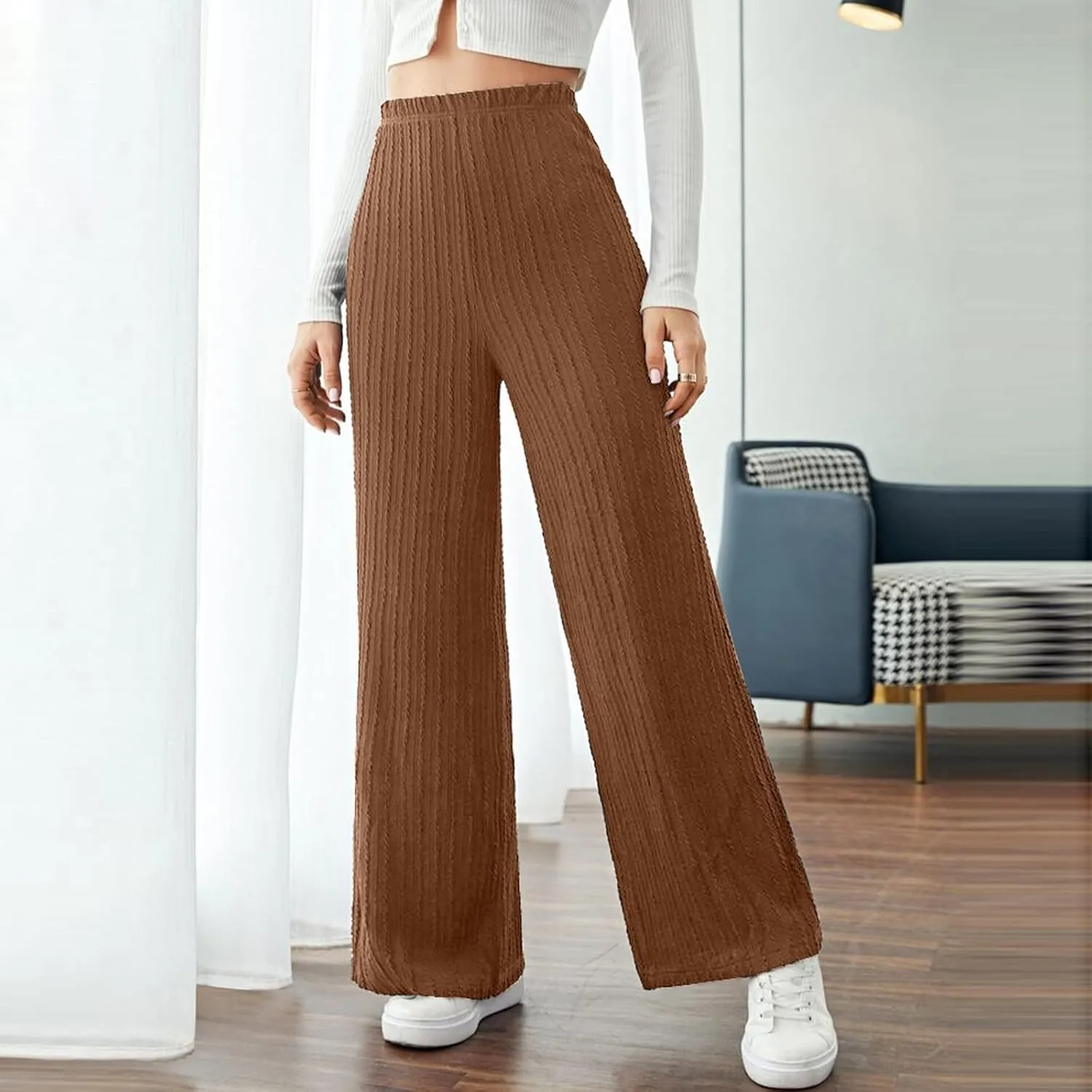 Gumipy Womens Ribbed Knit Wide Leg Pants Elastic Waist Lounge Pants Loose Fit Comfy Palazzo Pants Trendy Trouser Yoga Pants