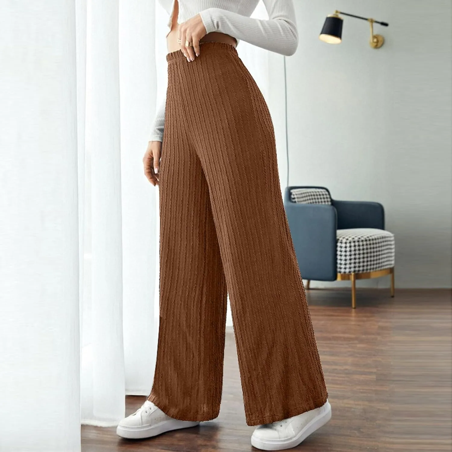 Gumipy Womens Ribbed Knit Wide Leg Pants Elastic Waist Lounge Pants Loose Fit Comfy Palazzo Pants Trendy Trouser Yoga Pants